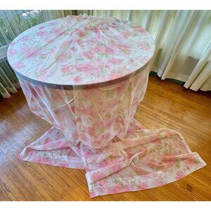 Vintage 1960s pair of curtains, pink floral bouquet, long and narrow, sheer